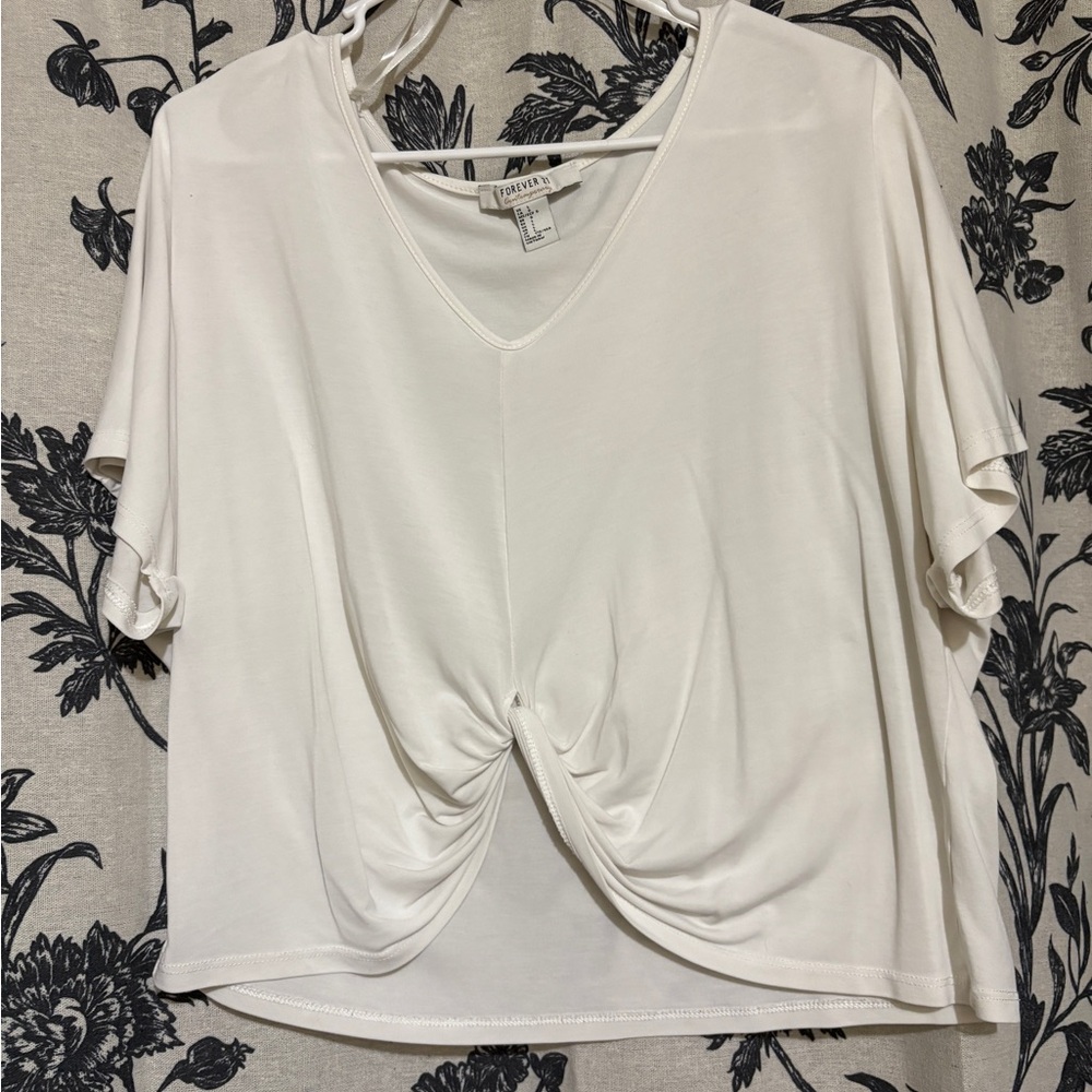 Forever 21 Cream V-Neck Twist Front Tee